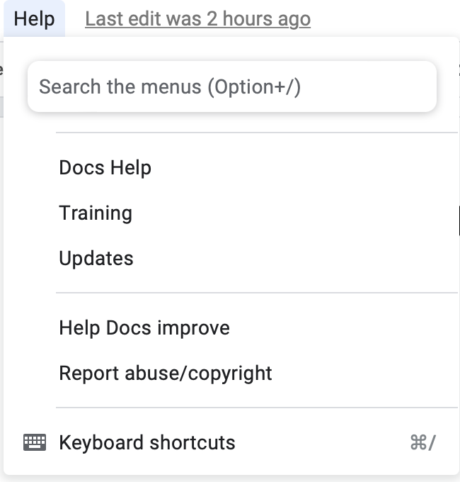 Google Docs command palette